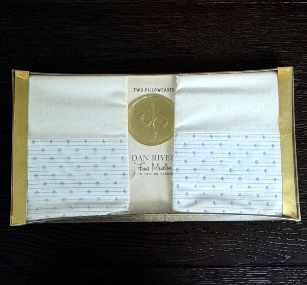 Vintage Dan River Blue Embroidered Starburst Pillowcases NOS Estate Box